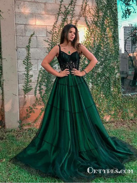 Dark Green Long Prom Dresses with Lace ...
